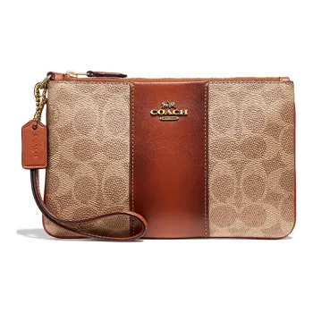 COACH Wristlet Canvas With Leather Pochette Wrist Bag Clutch Small Size Women's Red Brown Color Scheme