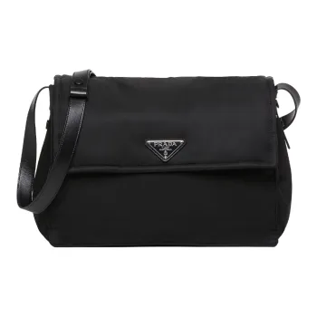 PRADA Cini Leather Trim Messenger Bag, Shoulder Bag, Crossbody Bag Tubas Unisex Black