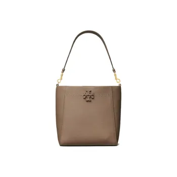 TORY BURCH McGraw Leather Bucket Bags Shoulder Bag Crossbody Bag Large Size Women's Gray Brown