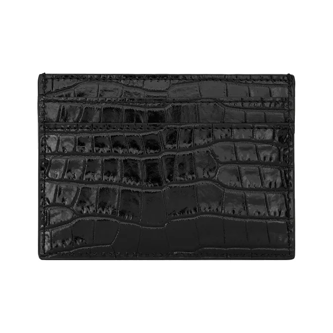SAINT LAURENT CASSANDRE Crocodile Pattern Shiny Calfskin Card Holder Women's Black-3