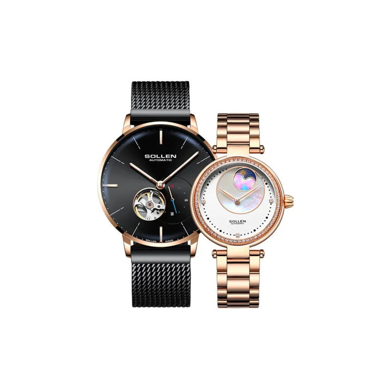 SOLLEN Automatic Mechanical Movement Stainless Steel Watchband Watch Unisex Black Dial SL520-1