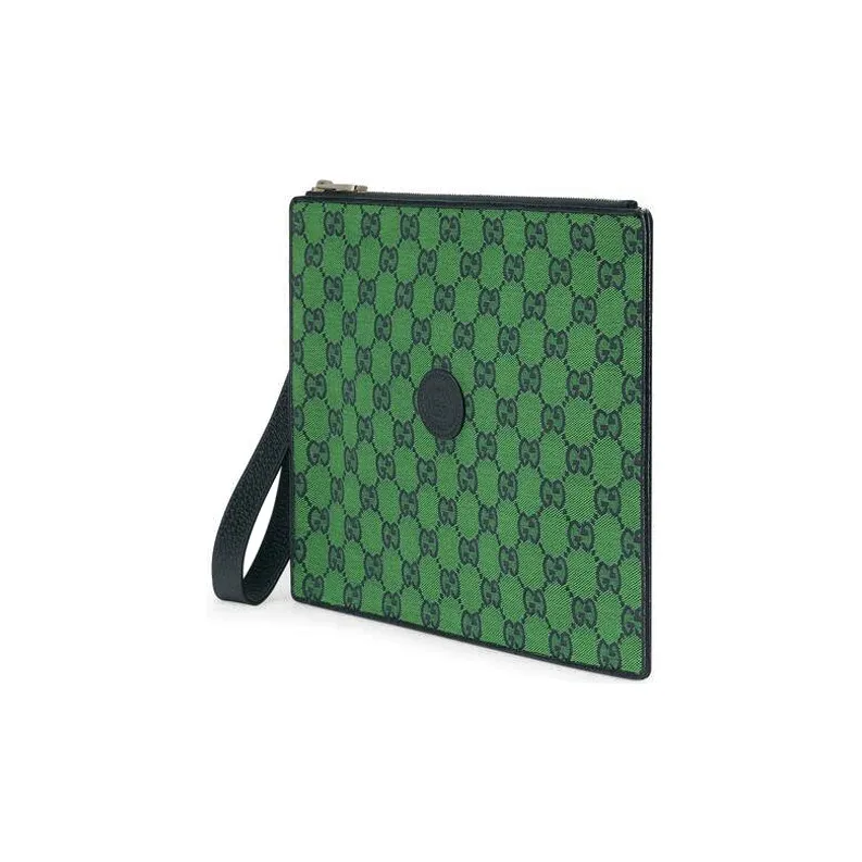 GUCCI Canvas With Leather Wristband Canvas Bag Clutch Unisex Green/Dark Blue-1