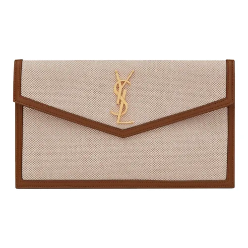 Saint Laurent Uptown Pouch In Canvas and Smooth Leather Natural Beige