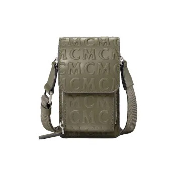MCM Leather With Fabric Cell Phone Pouch Shoulder Bag Crossbody Bag Unisex Brown Green