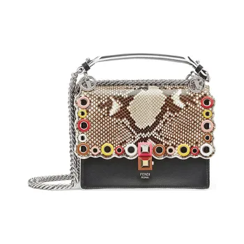 FENDI Kan I Snakeskin Print Leather Chain Shoulder Bag Crossbody Bag Small Size Women's Black