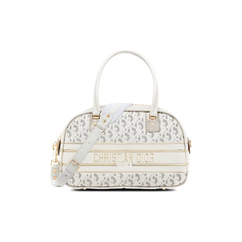DIOR Cow Leather Bowling Bag, Gym Bag, One Shoulder Crossbody Bag, Travel Bag, Handbag Medium Size Women's White/Gold-0