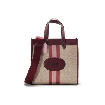 COACH Field Jacquard Fabric With Leather Tote Bag Shopping Bag Shoulder Bag Handbag Large Size Women's Khaki With Red