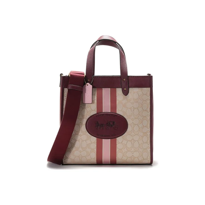 COACH Field Jacquard Fabric With Leather Tote Bag Shopping Bag Shoulder Bag Handbag Large Size Women's Khaki With Red-0