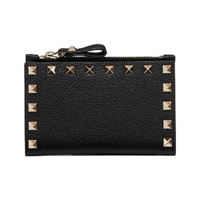 Valentino Rockstud Grained Calfskin Coin Card Holder Women's Black-0