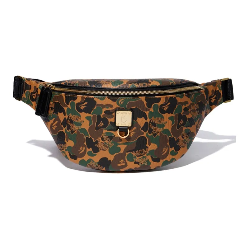 A BATHING APE MCM Collaboration Sheepskin Fanny Pack Regular Unisex Yellow Camouflage-0