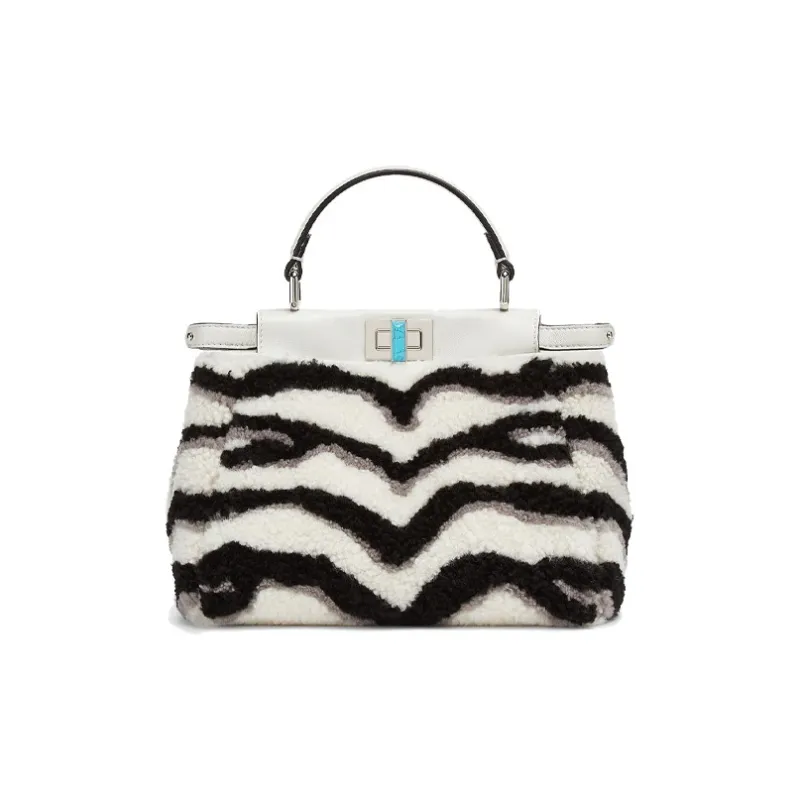 FENDI Peekaboo Sheepskin Shoulder Bag Crossbody Bag Handbag Small Size Women's White/Black/Gray-2