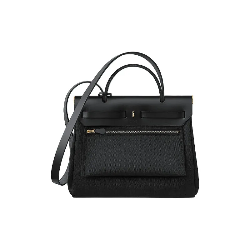 HERMES Herbag Zip Reversible Canvas With Cow Leather Handbag Shoulder Bag Crossbody Bag Regular Unisex Black-2