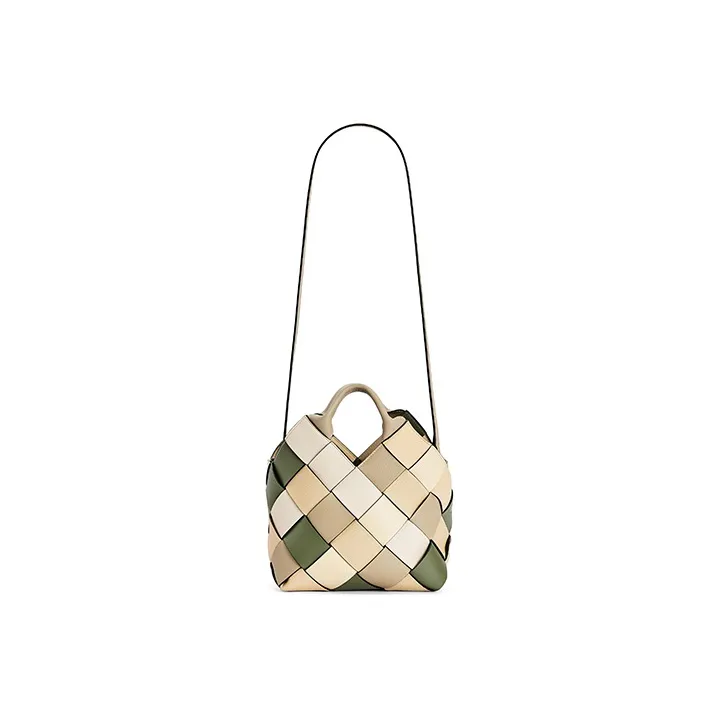 LOEWE Basket Grained Cow Leather Handbag Shoulder Bag Crossbody Bag Small Size Women's Green/Light Brown-2