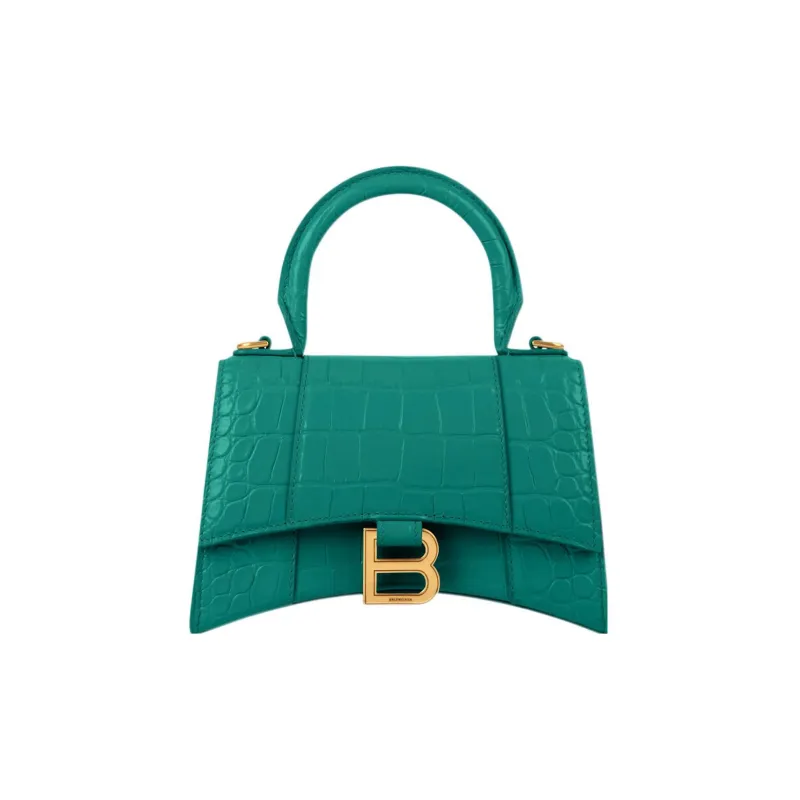 Balenciaga Hourglass Bright Crocodile Pattern Embossed Cow Leather Crossbody One Shoulder Handbag Women's Green-0