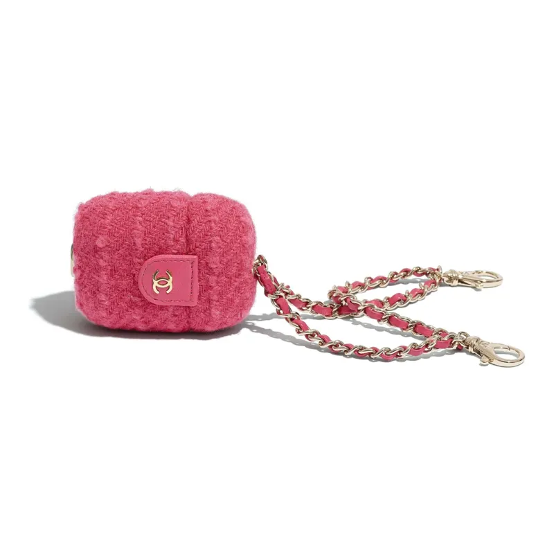 CHANEL Wool Twill Soft Woolen With Gold Metal Earphone Case Women's Raspberry Pink-3