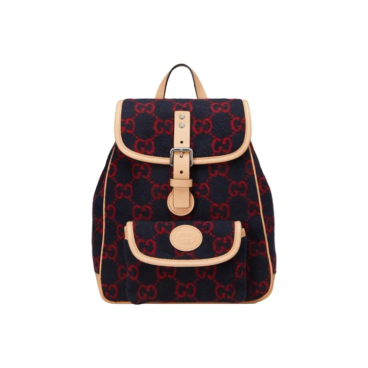 GUCCI Wool Patchwork Leather Backpack Kids' Dark Blue/Red/Beige-0