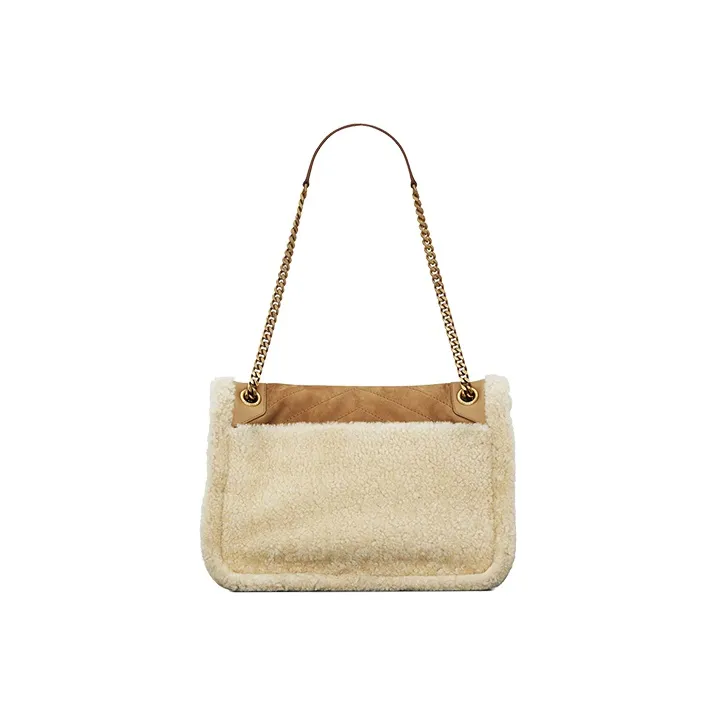 SAINT LAURENT Cowhide Leather Patchwork Wool Hobo Bag, Shoulder Bag, Crossbody Bag Medium Size Women's Camel & Beige-2