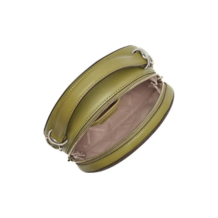 MICHAEL KORS Delaney Cow Leather Round Bag, Shoulder Bag, Crossbody Bag Medium Size Women's Dark Brown & Olive Green-2