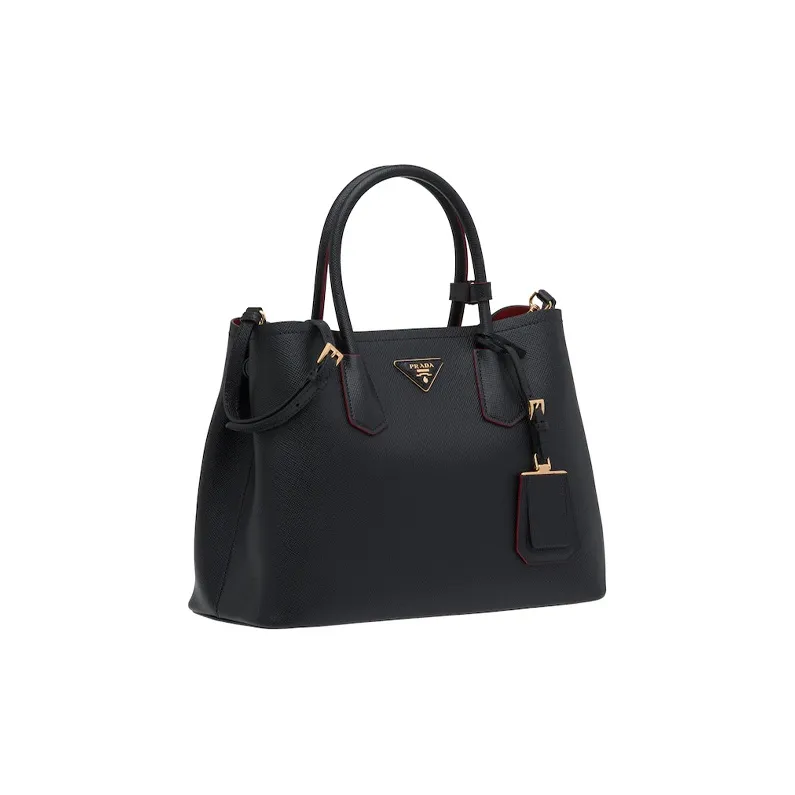 PRADA Double Leather Handbag Medium Size Women's Black-1