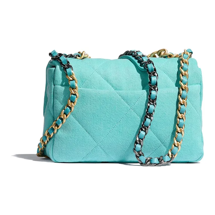 CHANEL 19Bag Denim With Calfskin Shoulder Bag, Crossbody Bag Trumpets Women's Fluorescent Blue-1