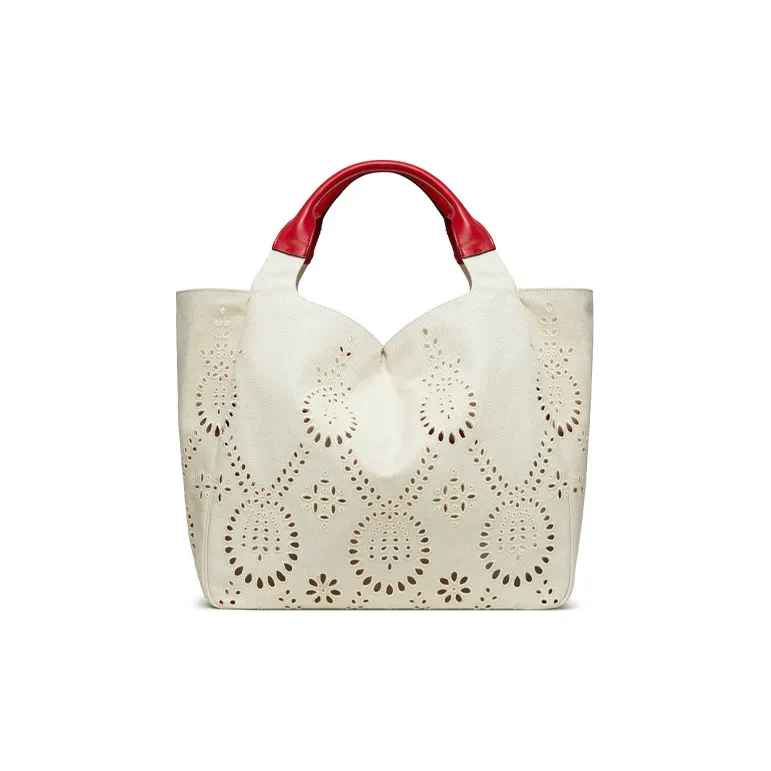 Valentino GARAVANI Canvas Canvas Bag Tote Bag Shopping Bag Handbag Large Size Women's Beige/Red-2