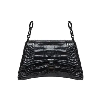 Balenciaga Supple Crocodile Pattern Embossed Cow Leather One Shoulder Handbag Crossbody Bag Small Size Women's Black