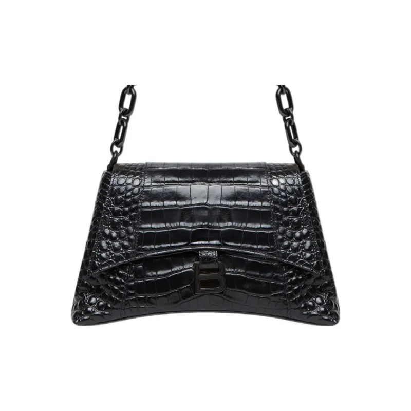 Balenciaga Supple Crocodile Pattern Embossed Cow Leather One Shoulder Handbag Crossbody Bag Small Size Women's Black-0