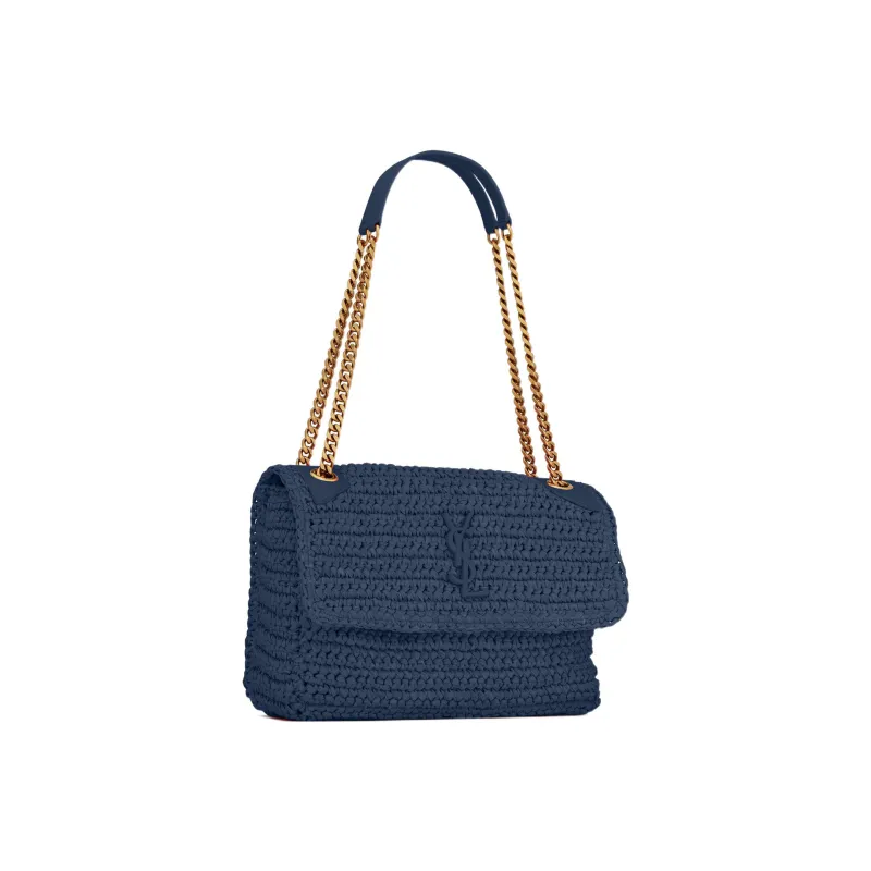 SAINT LAURENT Niki Raffia Patchwork Cow Leather Hobo Bag Shoulder Bag Crossbody Bag Medium Size Women's Lake Blue-1