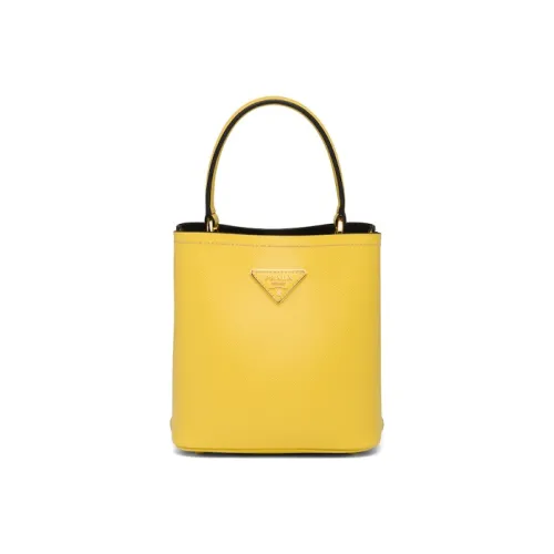 PRADA Panier Leather One Shoulder Handbags Women's Daylight Yellow Spelled Black