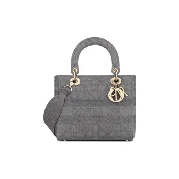 DIOR Lady D Lite Embroidery Handbag Medium Size Women's Gray