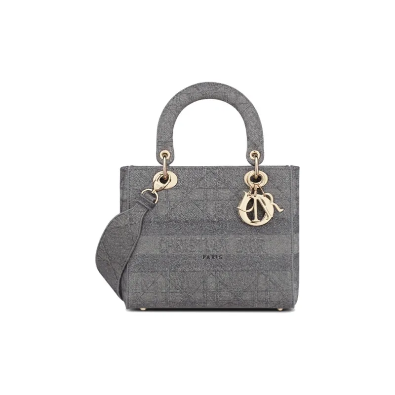DIOR Lady D Lite Embroidery Handbag Medium Size Women's Gray-0