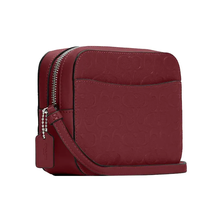 COACH Camera Leather Small Square Bag, Camera Bag, Crossbody Bag Trumpets Women's Cherry Red-2