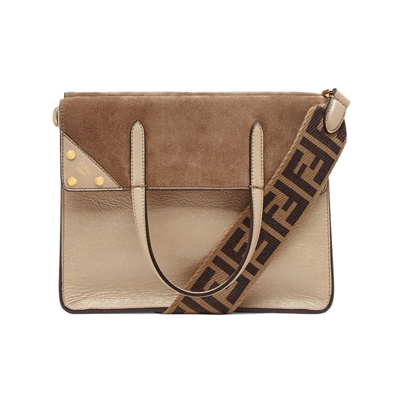FENDI Lambskin Patchwork Suede Tote Bag Shopping Bag Crossbody Handbag Shoulder Bag Medium Size Women's Gold-0