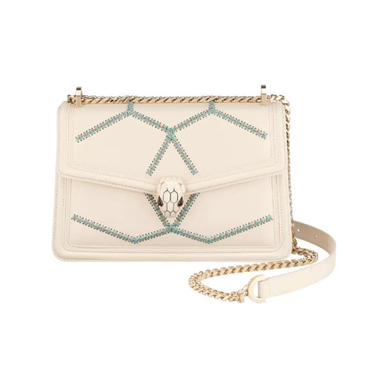 BVLGARI Serpenti Diamond Blast Calfskin With Embroidery Shoulder Bag Crossbody Bag Regular Women's Ivory White-0