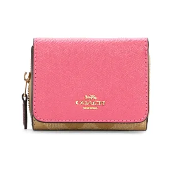 COACH Trifold Wallet Leather Wallet Women's Khaki Pink Multicolor