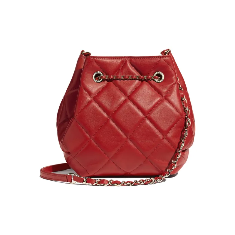 CHANEL Drawstring Lambskin And Gold Metal Shoulder Bag Women's Red-1