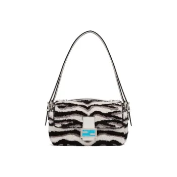 FENDI Baguette Sheepskin Shoulder Bag Women's White & Black & Gray