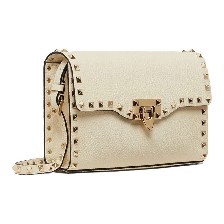Valentino Rockstud Grain Calfskin Shoulder Bag, Crossbody Bag Trumpets Women's Light Ivory-1