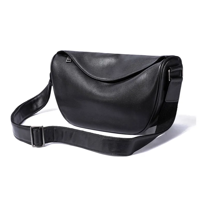 Ace Paul Cow Leather Crescent Bag, Small Square Bag, Shoulder Bag, Crossbody Bag Medium Size Unisex Black-2