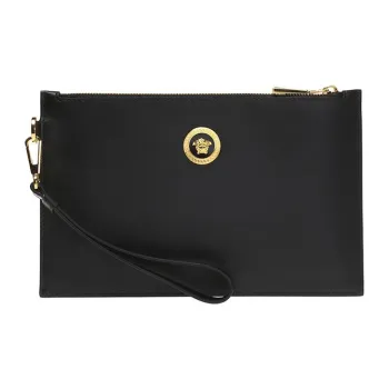 VERSACE Leather Coin Purse Commute Clutch Small Size Men's Black