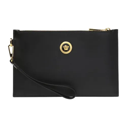 VERSACE Leather Coin Purse Commute Clutch Trumpets Men's Black
