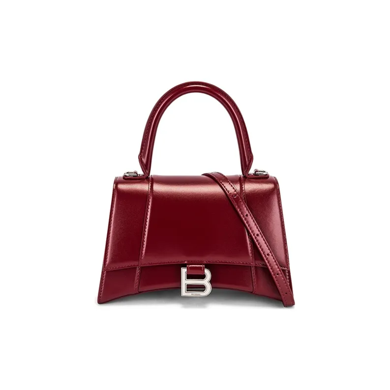 Balenciaga Hourglass Cow Leather One Shoulder Handbag Crossbody Bag Small Size Deep Red Burgundy-0