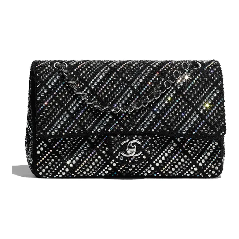 CHANEL Classic Flap CF Twill Soft Nappa With Crystal Shoulder Bag, Crossbody Bag Mini Women's Black-0