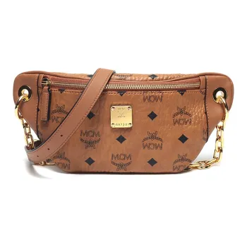 MCM Leather Canvas One Shoulder Crossbody Chain Fanny Pack Sling Bag Mini Women's Cognac