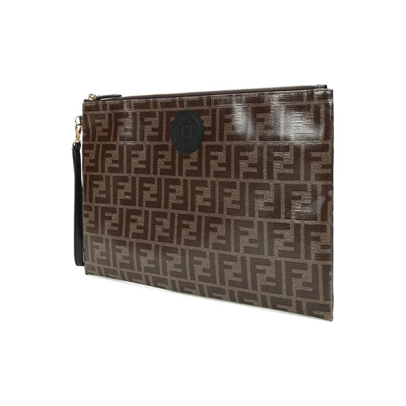 FENDI Cow Leather Clutch Large Size Unisex Brown-1