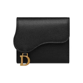 DIOR Grained Calfskin Saddle Bag Wallet Card Holder Women's Black