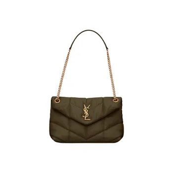 SAINT LAURENT PUFFERLOULOU Quilting Lambskin Chain Shoulder Bag Crossbody Bag Small Size Women's Silver Lotus Green