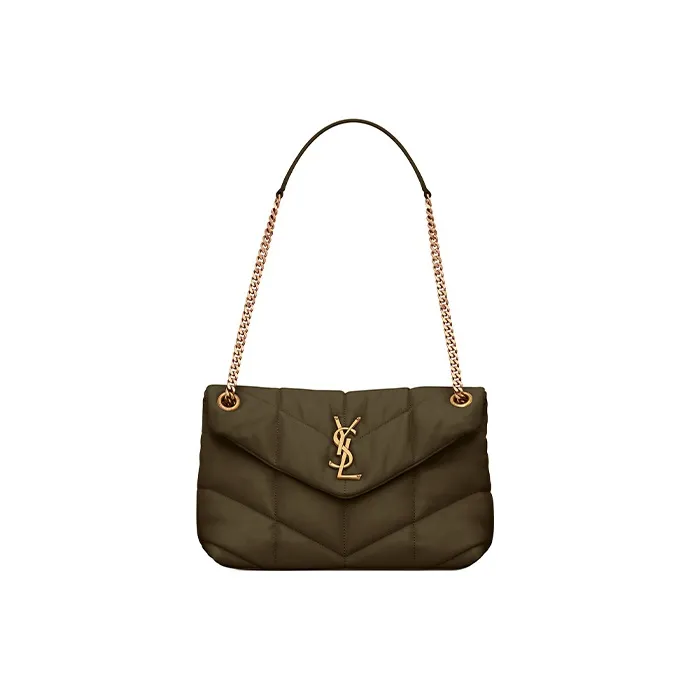 SAINT LAURENT PUFFERLOULOU Quilting Lambskin Chain Shoulder Bag Crossbody Bag Small Size Women's Silver Lotus Green-0