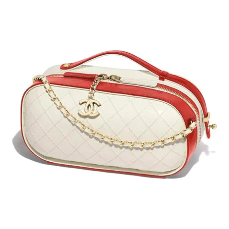 CHANEL Cow Leather Makeup Bag, Handbag, Shoulder Bag, Crossbody Bag Women's Red/White-1