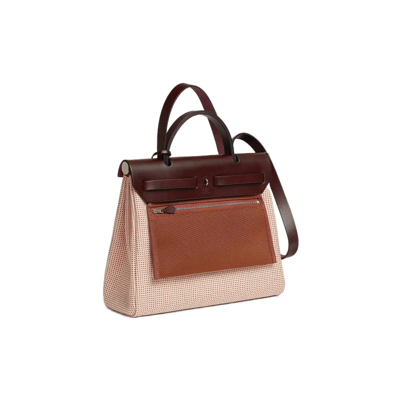 HERMES Herbag Zip Cow Leather Shoulder Bag Crossbody Bag Women's Beige/Brick Red/Pink-2
